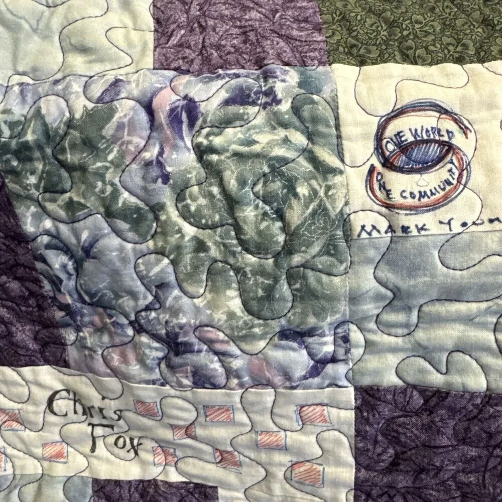 Vtg 2001 Handmade Patchwork Purple Quilt Quilted celebrating Names Poudre 68x45”